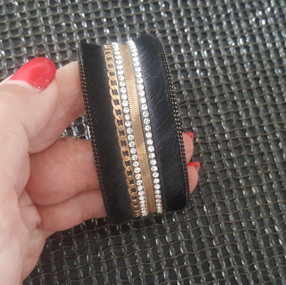 Black Calf Hair Gold Bling Cuff Bracelet - Picture 1 of 5